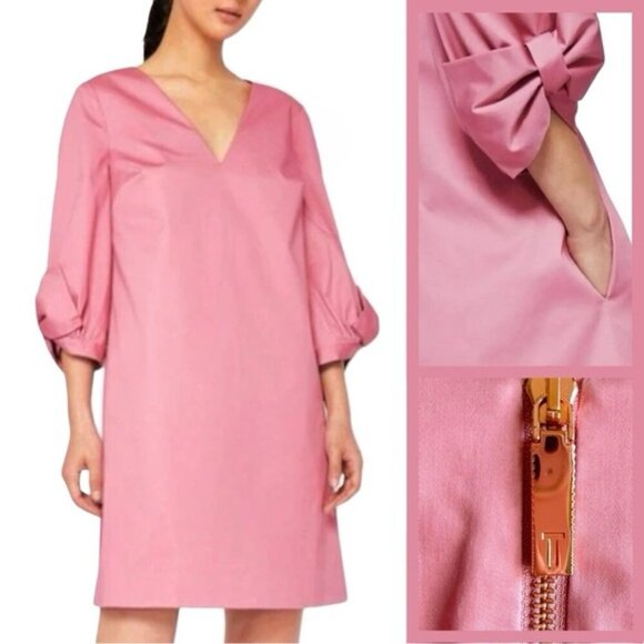 Ted Baker Solyane Pink Bow-Detail Poplin Cotton Shift Dress Size 4 TB Size 1 - Picture 1 of 16